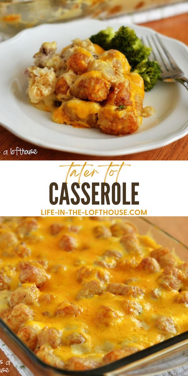 Dinner casserole with tater tots, ground turkey and cheese.