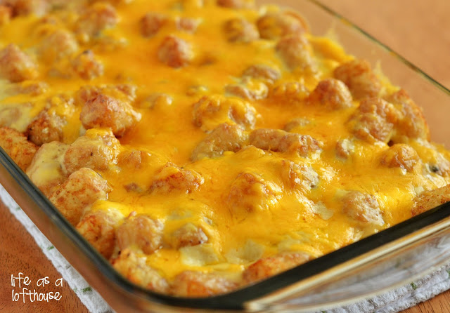 Dinner casserole with tater tots, ground turkey and cheese.