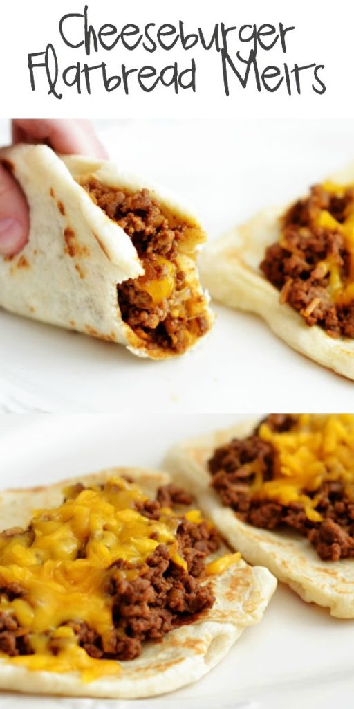 Cheeseburger Flatbread Melts are made up of a 'burger' meat mixture topped off with shredded cheddar cheese that is wrapped up in a flatbread. Life-in-the-Lofthouse.com