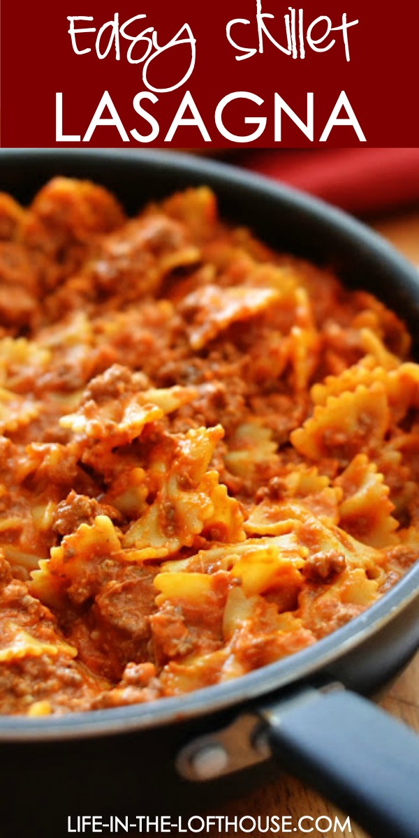 Bowtie Skillet Lasagna has all the traditional lasagna ingredients but is made with bowtie noodles and is cooked in a skillet. Life-in-the-Lofthouse.com