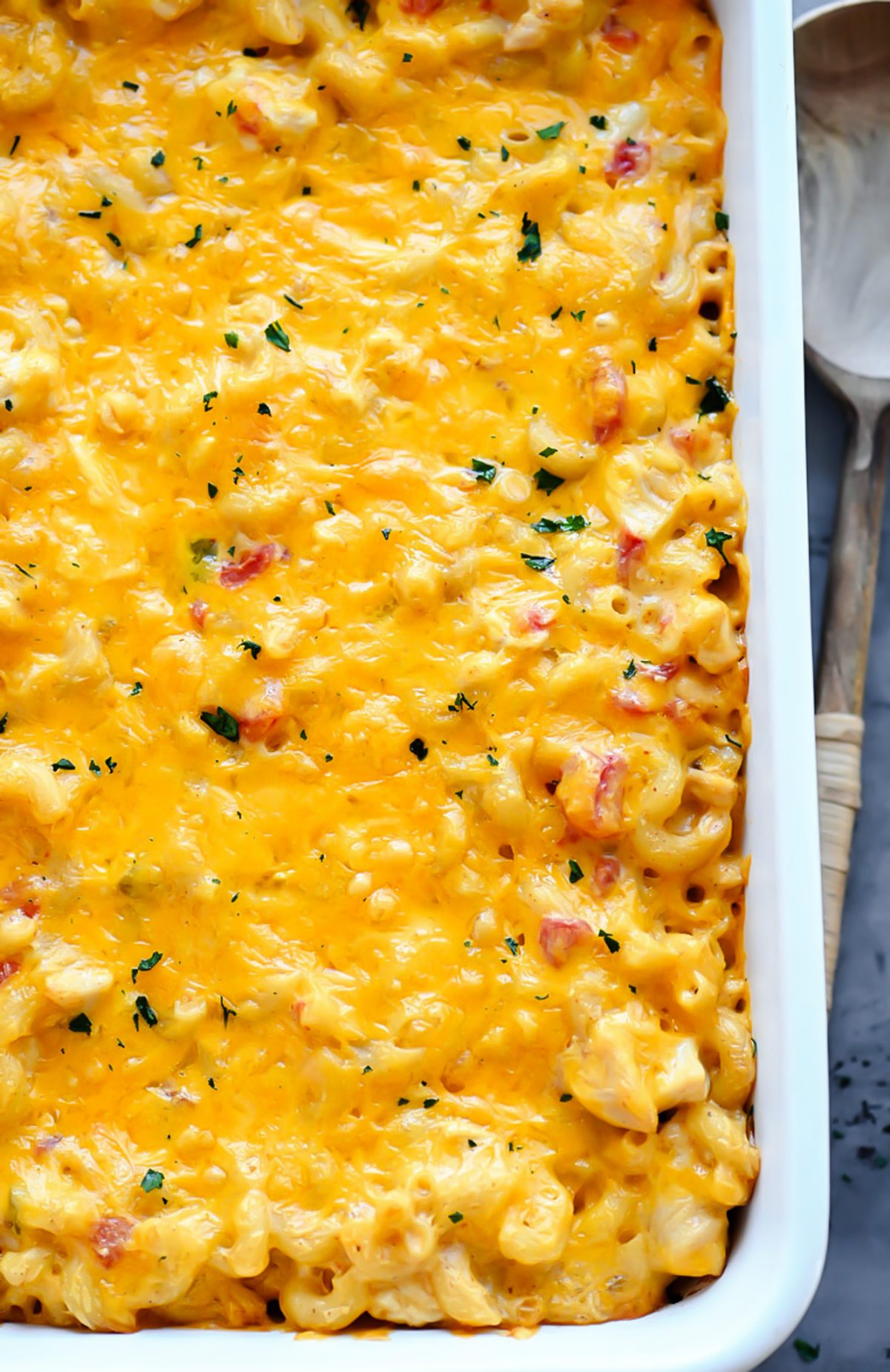 This Mac and Cheese is loaded with chicken, tomatoes, green chilies and more!