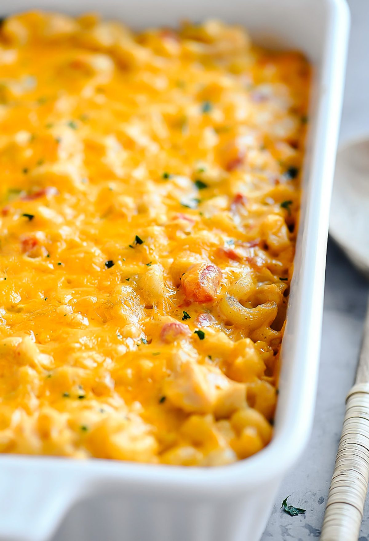 This Mac and Cheese is loaded with chicken, tomatoes, green chilies and more!