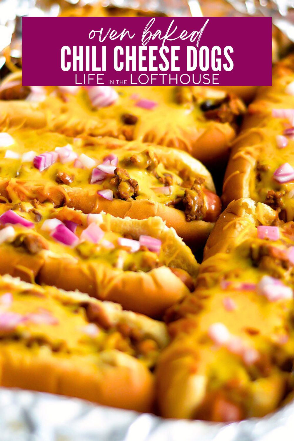 Oven-baked Chili Cheese dogs are loaded hot dogs with chili, cheese and onion, baked in the oven. Life-in-the-Lofthouse.com