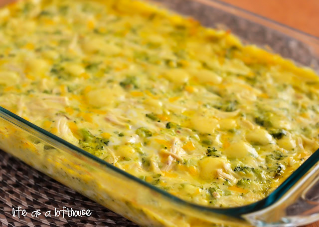 A delicious creamy casserole filled with chicken, cheese and broccoli. Life-in-the-Lofthouse.com