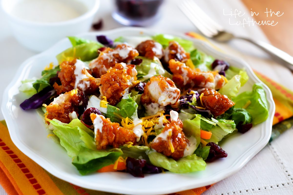 This delicious salad is full of crunchy romaine lettuce, dried cranberries, shredded carrots, cheese, and of course those amazing sticky chicken fingers. Life-in-the-Lofthouse.com