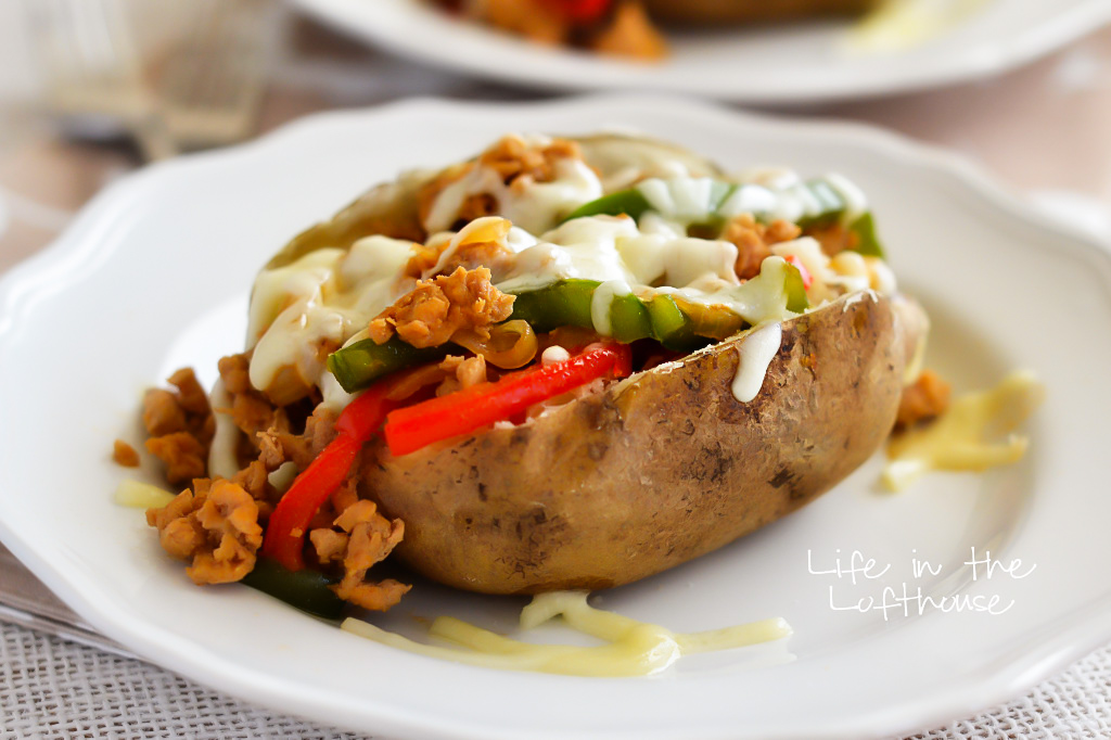 Baked Potatoes topped with a chicken cheesesteak filling. Life-in-the-Lofthouse.com