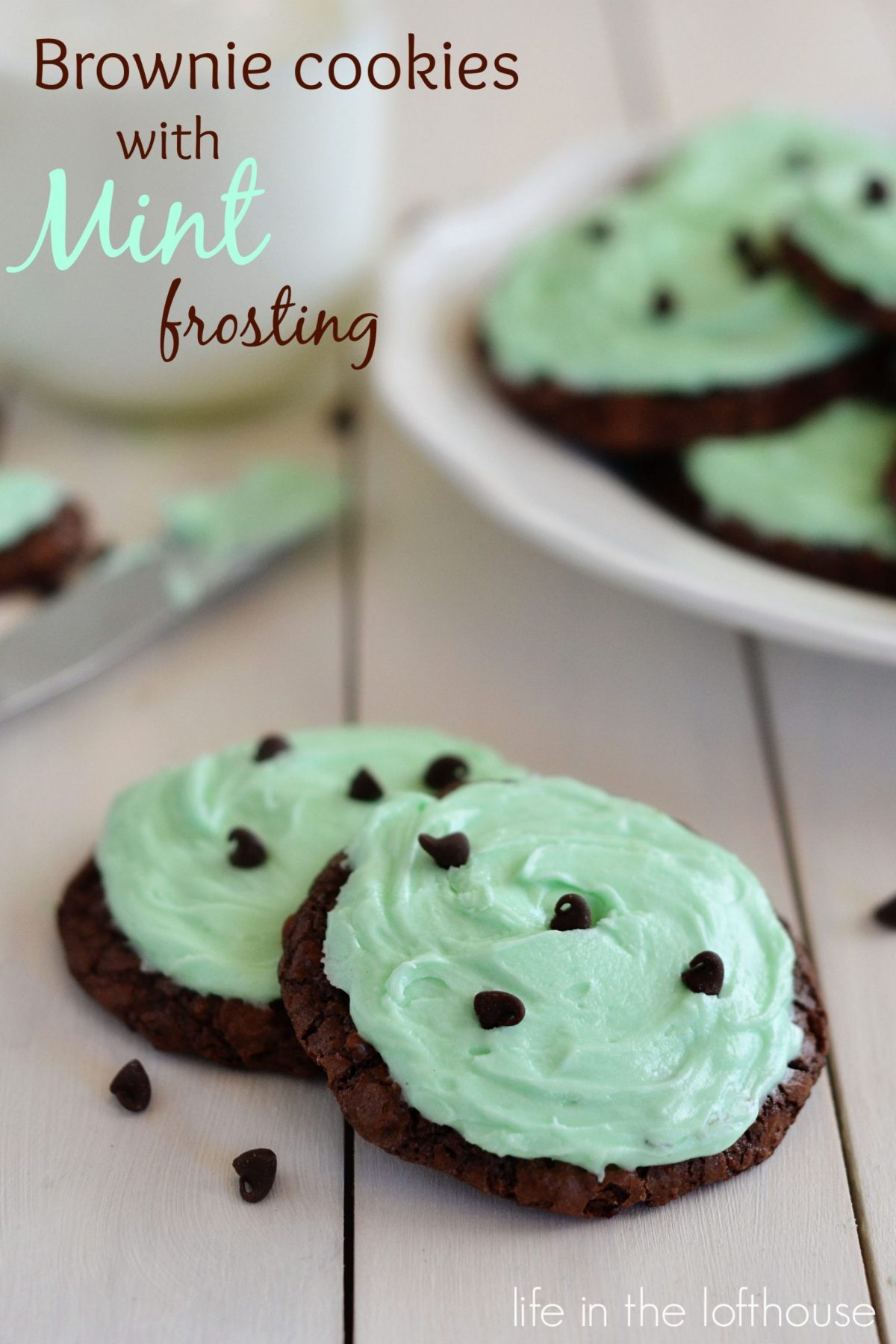 Soft chocolate brownies in cookie form slathered with a creamy mint frosting. Life-in-the-Lofthouse.com