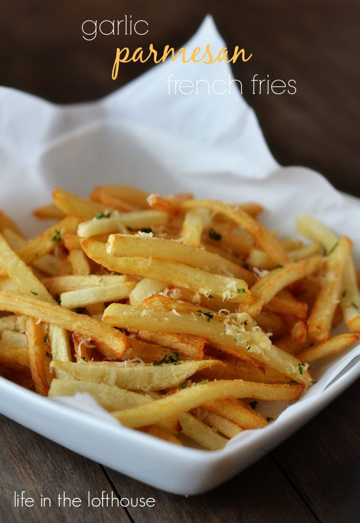 Garlic Parmesan french fries are perfect double-fried french fries coated with Parmesan cheese, garlic and parsley. Life-in-the-Lofthouse.com