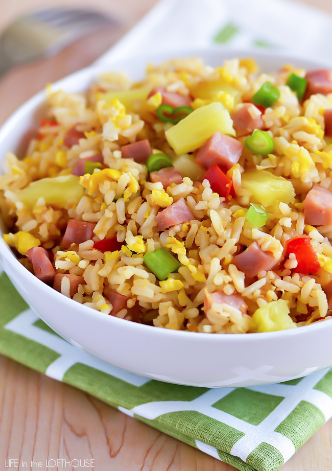 Hawaiian Fried Rice is full of flavor and packed with diced ham, red bell pepper, and pineapple. Life-in-the-Lofthouse.com