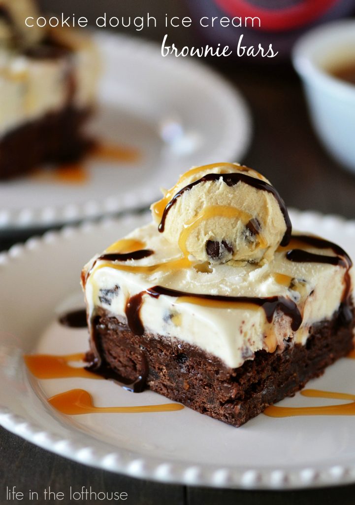 Cookie dough ice cream over brownies, drizzled with caramel and chocolate sauce and topped with a scoop of eggless cookie dough. Life-in-the-Lofthouse.com