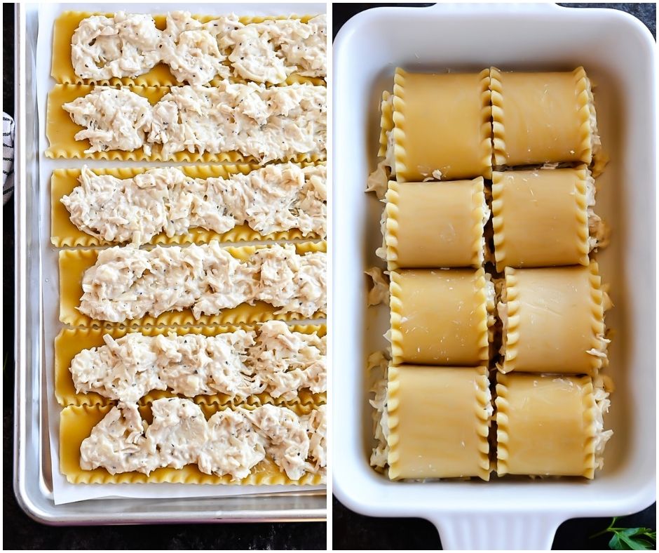 Chicken Alfredo Roll Ups are lasagna noodles rolled up with shredded chicken, Alfredo sauce and Mozzarella cheese. Life-in-the-Lofthouse.com