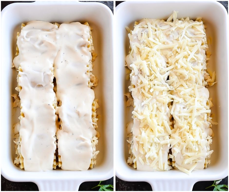 Chicken Alfredo Roll Ups are lasagna noodles rolled up with shredded chicken, Alfredo sauce and Mozzarella cheese. Life-in-the-Lofthouse.com