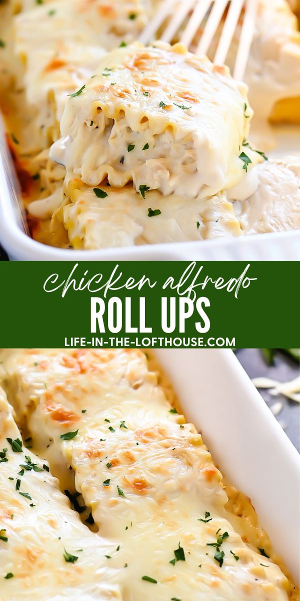 Chicken Alfredo Roll Ups are lasagna noodles rolled up with shredded chicken, Alfredo sauce and Mozzarella cheese. Life-in-the-Lofthouse.com