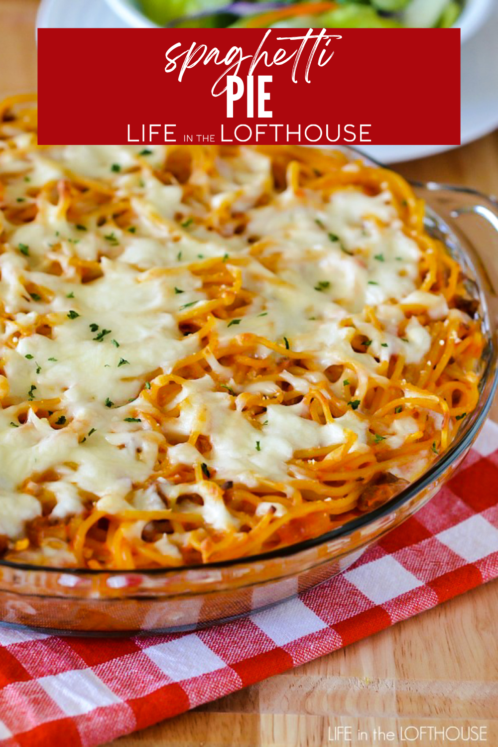 Spaghetti Pie is tossed in four cheeses and an easy homemade meat sauce. Pack it in a pie plate and&nbsp;bake for 20 minutes for an easy and incredible meal.