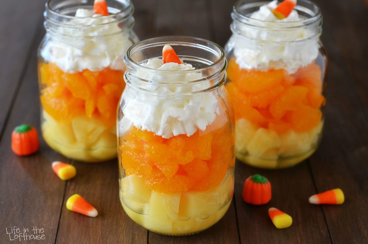 Fun and healthy fruit parfaits that look just like candy corn. Life-in-the-Lofthouse.com