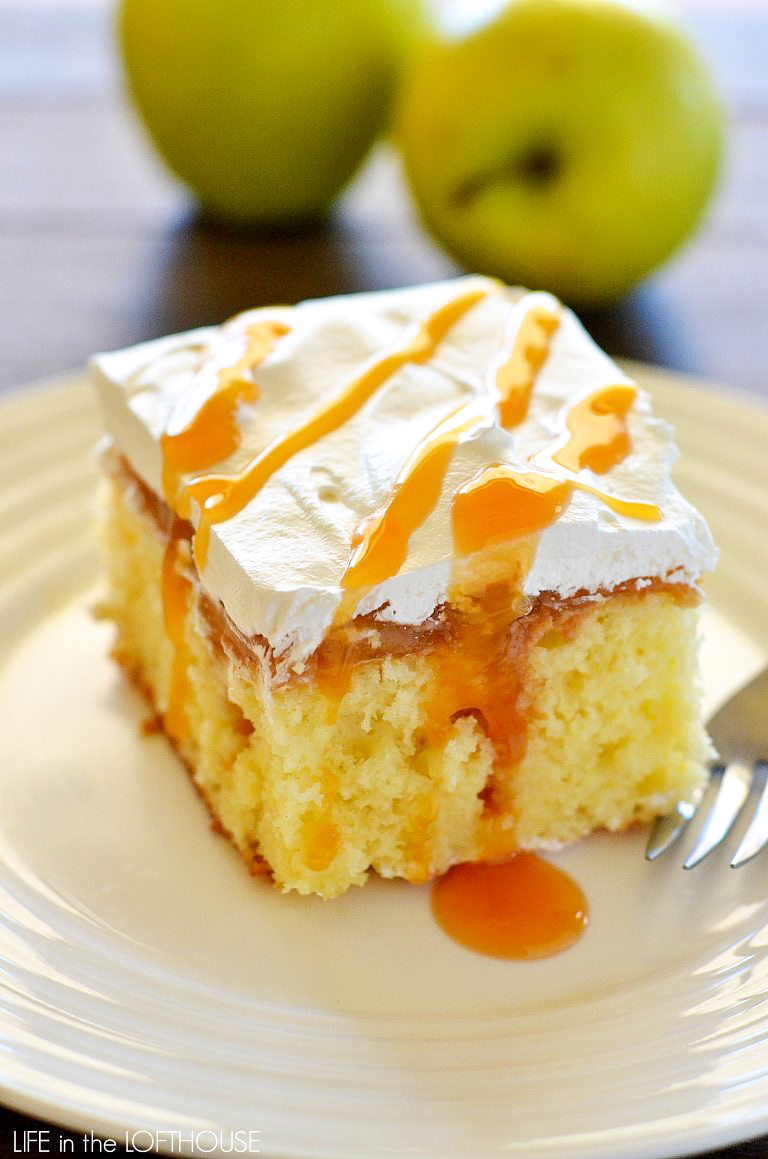 Caramel apple poke cake is a light and moist cake that tastes like caramel apples. Life-in-the-Lofthouse.com
