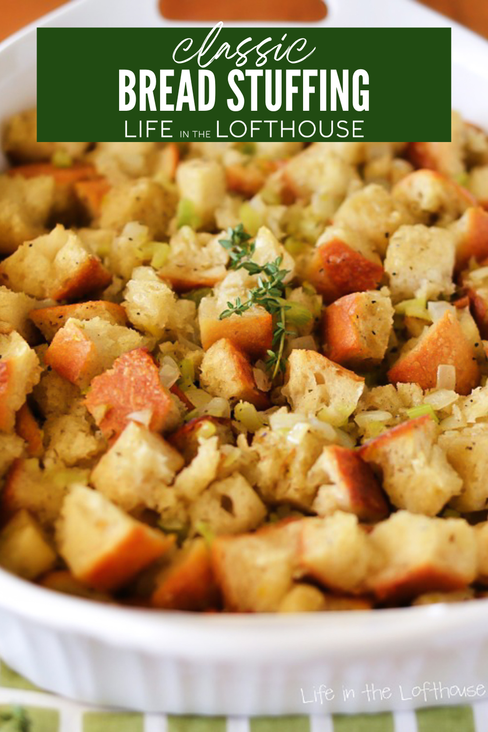 Classic Bread Stuffing in white dish