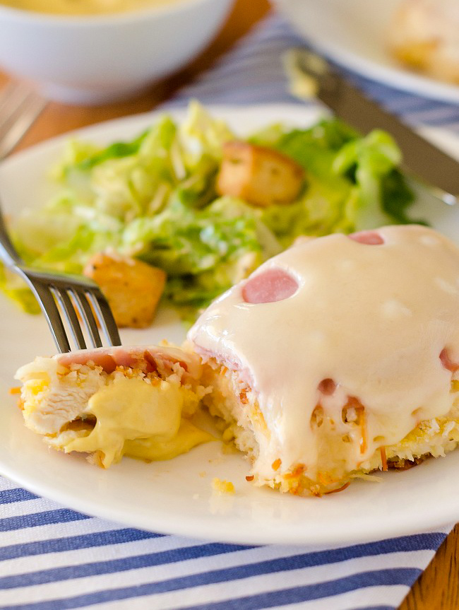 Malibu chicken is crispy baked chicken with layers of ham and Swiss cheese. Life-in-the-Lofthouse.com