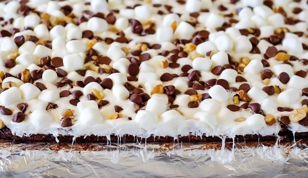 Rocky road brownies are soft and delicious brownies covered in mini marshmallows, chocolate chips and chopped walnuts. Life-in-the-Lofthouse.com