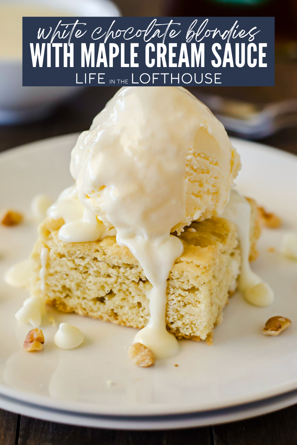 These White Chocolate Blondies are soft and chewy brownies served with a warm maple cream sauce. Top with a scoop of vanilla ice cream for the ultimate treat!