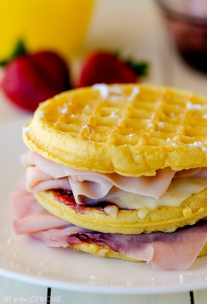 Monte Cristo Waffle Sandwiches have layers of ham, turkey, cheese and raspberry jam placed between two golden waffles. Life-in-the-Lofthouse.com