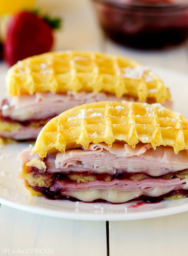 Monte Cristo Waffle Sandwiches have layers of ham, turkey, cheese and raspberry jam placed between two golden waffles. Life-in-the-Lofthouse.com