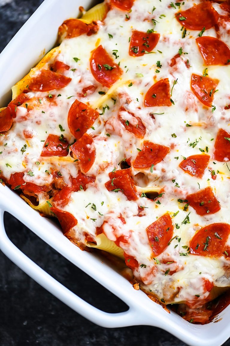 Jumbo pasta shells stuffed with pizza toppings. Life-in-the-Lofthouse.com