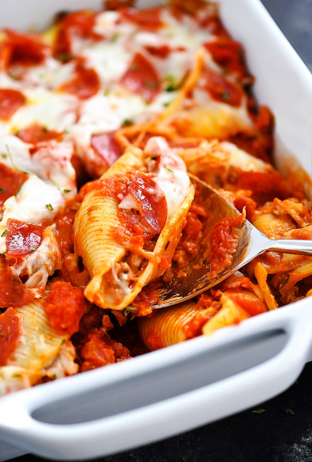 Jumbo pasta shells stuffed with pizza toppings. Life-in-the-Lofthouse.com
