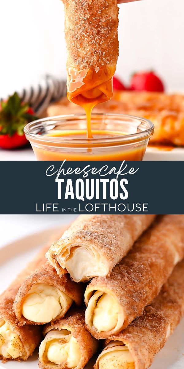 Cheesecake Taquitos have a silky-smooth cheesecake filling wrapped inside a crispy flour tortilla that's been rolled in cinnamon and sugar. Life-in-the-Lofthouse.com