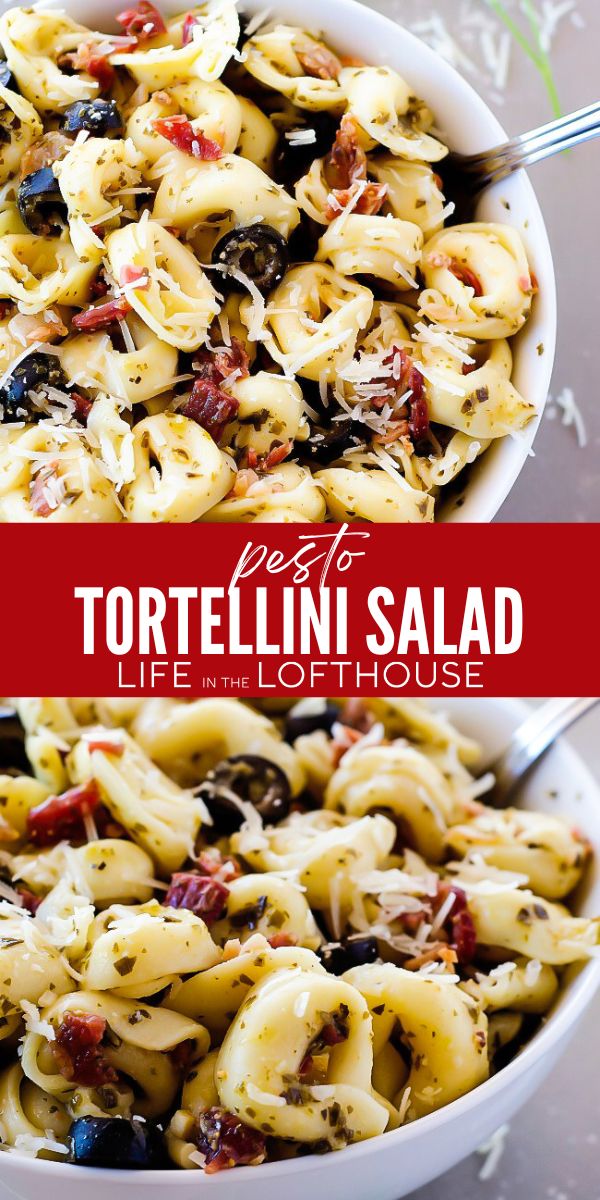 Pesto Tortellini Salad is cheese tortellini pasta coated in pesto, bacon and olives. Life-in-the-Lofthouse.com
