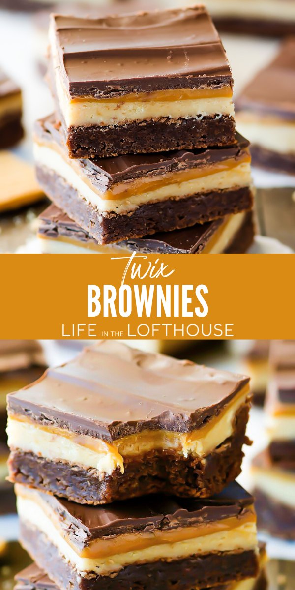 Twix Brownies with caramel, shortbread, and brownie layers. Twix Candy Bar Copycat Recipe
