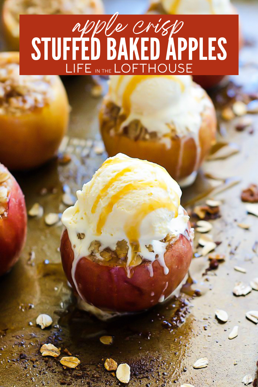Delicious baked apples stuffed with an apple crisp filling topped with vanilla ice cream and caramel sauce!