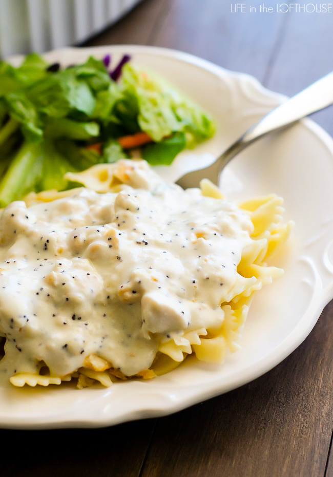 Poppyseed chicken casserole is a creamy casserole with a delicious cracker topping. Life-in-the-Lofthouse.com