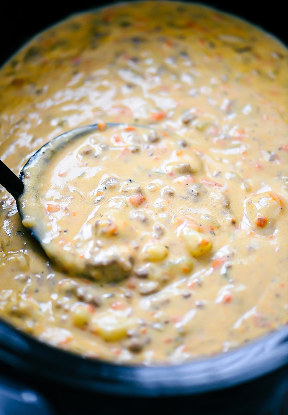 Creamy soup loaded with beef, potatoes, carrots and more. 