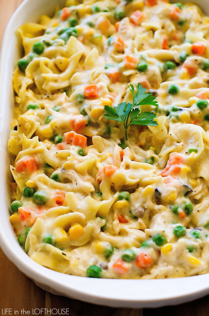 Chicken Noodle Casserole is filled with chicken, veggies and noodles- just like the famous chicken noodle soup. Life-in-the-Lofthouse.com
