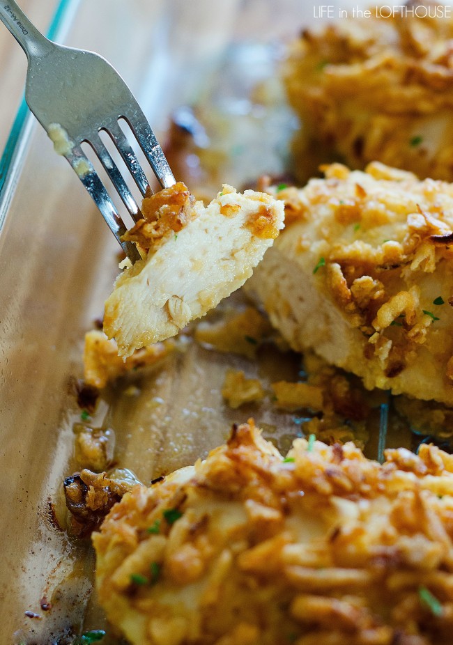 Crispy onion chicken is packed full of flavor from the creamy honey mustard and crispy fried onions. Life-in-the-Lofthouse.com