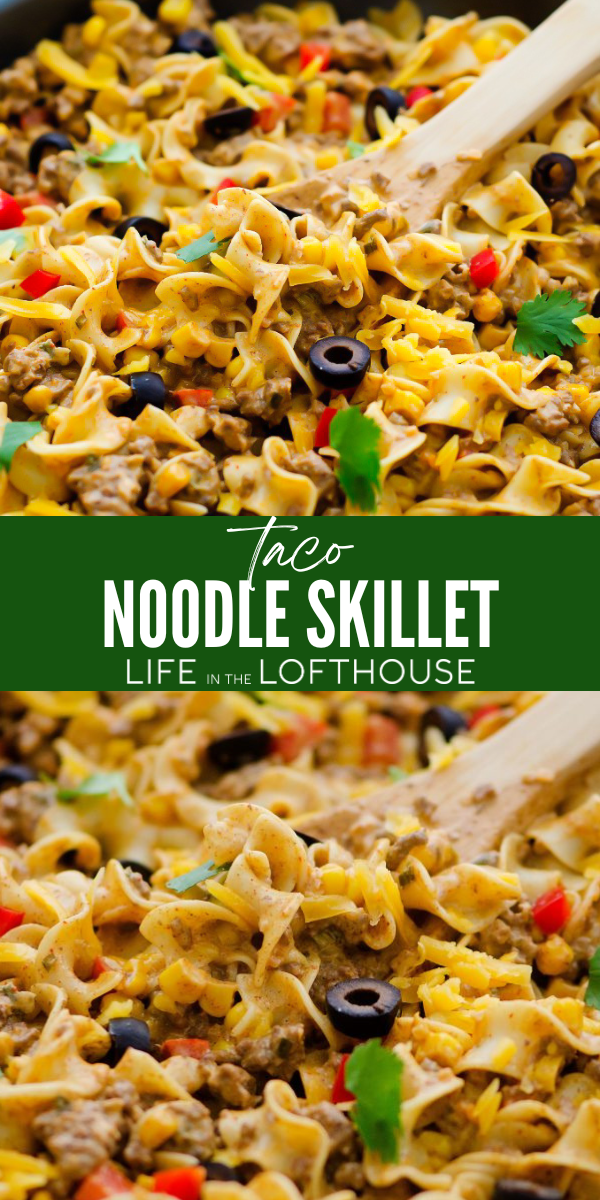 A delicious skillet dinner loaded with taco flavored beef and comforting noodles. Taco Noodle Skillet is a great recipe for busy weeknights!