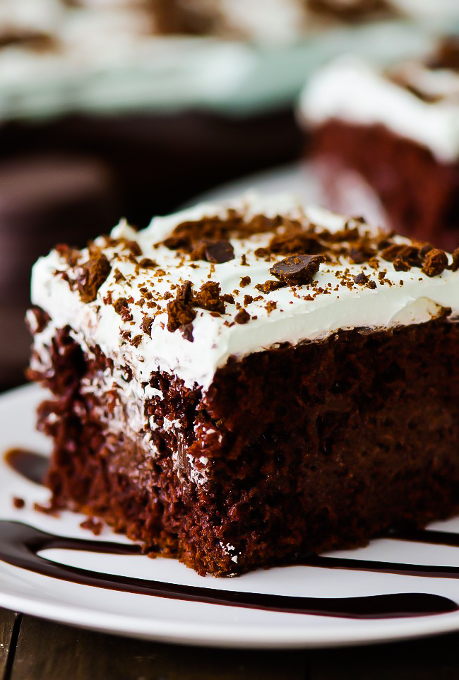 This incredible&nbsp;Thin Mint Chocolate Poke Cake is filled with chocolate pudding, crushed thin mint cookies and topped with a creamy peppermint whipped topping. Life-in-the-Lofthouse.com