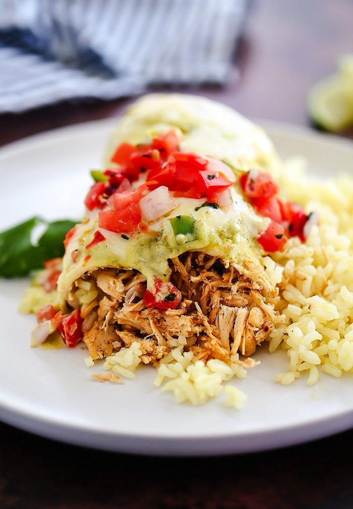 Flavor-packed burritos loaded with shredded chicken, rice and beans then smothered in a delicious salsa verde dressing. Life-in-the-Lofthouse.com