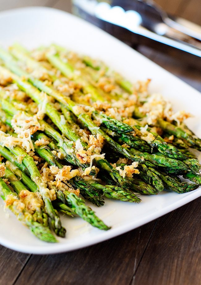 Roasted Asparagus with Dijon mustard, breadcrumbs and Parmesan cheese.