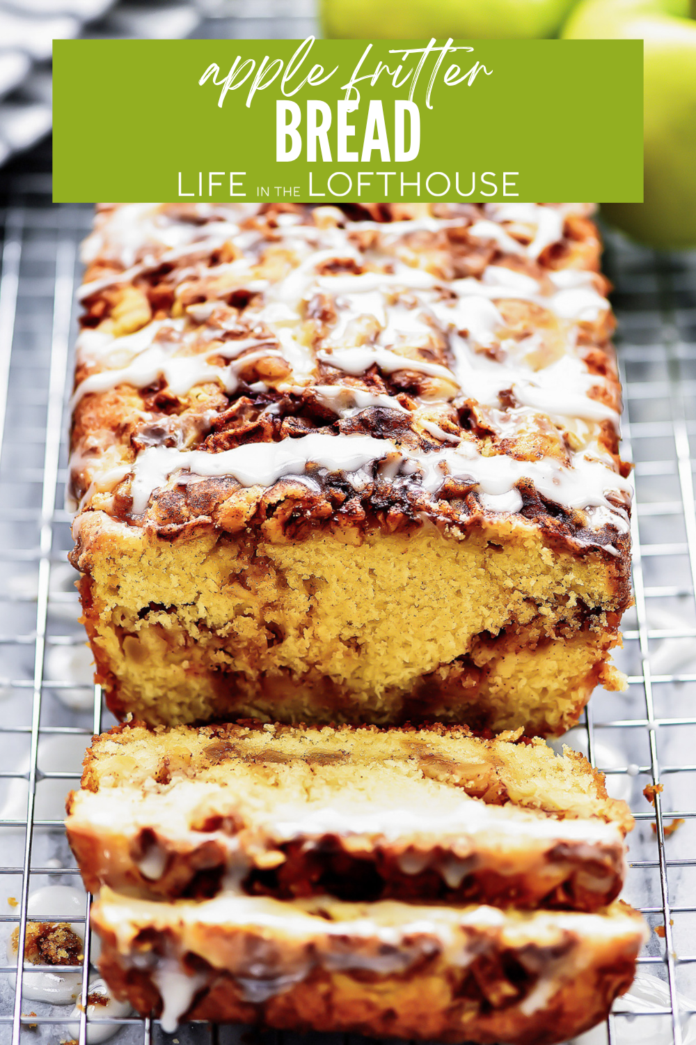 Apple Fritter Bread is a delicious homemade bread that tastes like the classic fritter donut. It's topped with a sweet glaze that makes it irresistible!