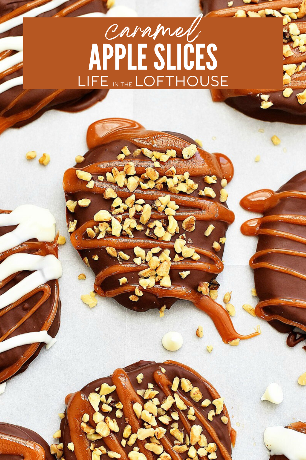 Easy Caramel Apple Slices with milk & white chocolate, caramel drizzle, and fun toppings.