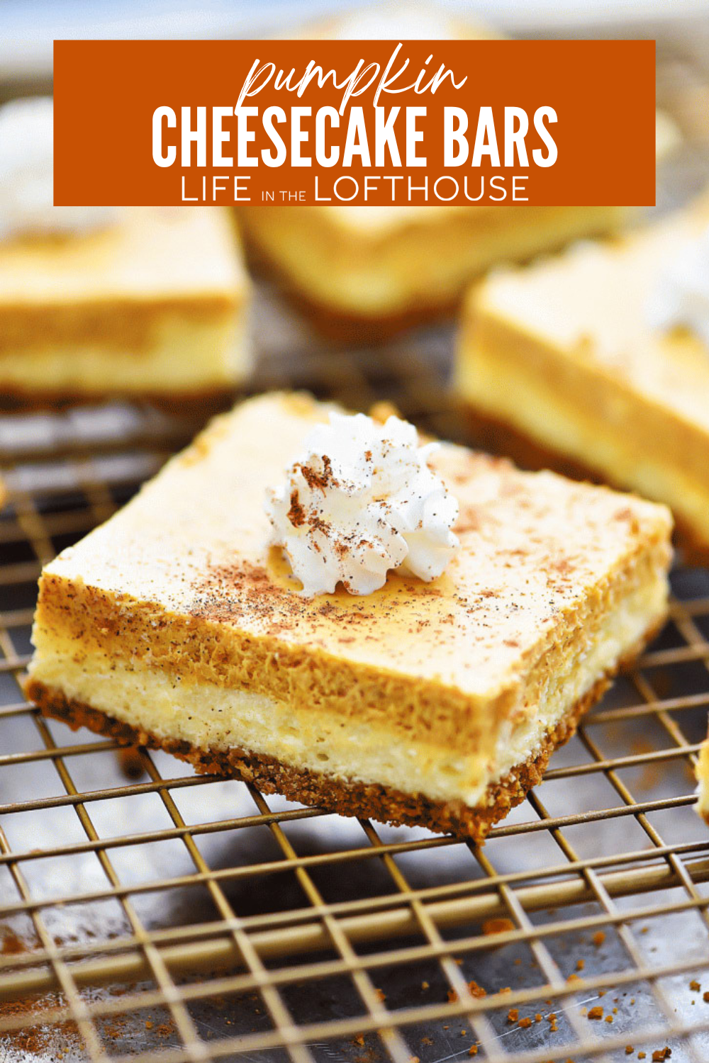 Pumpkin Cheesecake Bars feature the flavors of pumpkin pie and creamy cheesecake on a graham cracker crust. These delicious bars are an incredible dessert!