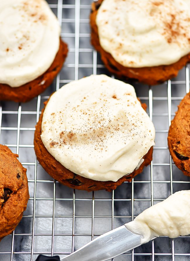 Soft pumpkin chocolate chip cookies with a maple cream frosting. Life-in-the-Lofthouse.com