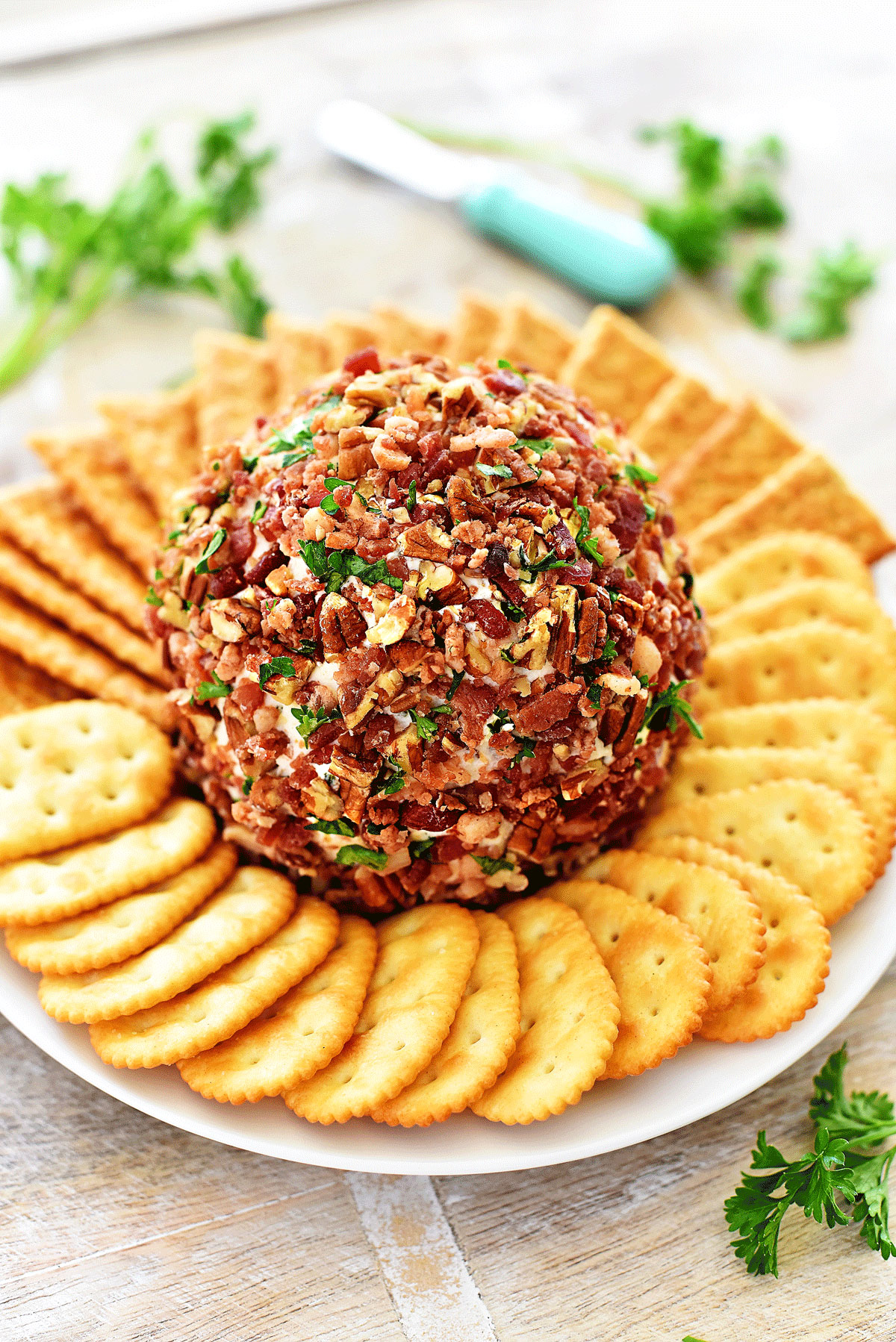 Bacon Ranch Cheese Ball is a creamy cheese ball filled with bacon, pecans and parsley. Life-in-the-Lofthouse.com