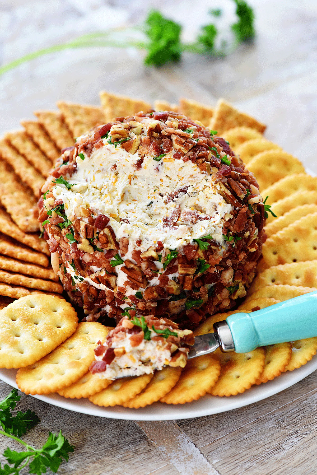 Bacon Ranch Cheese Ball is a creamy cheese ball filled with bacon, pecans and parsley. Life-in-the-Lofthouse.com