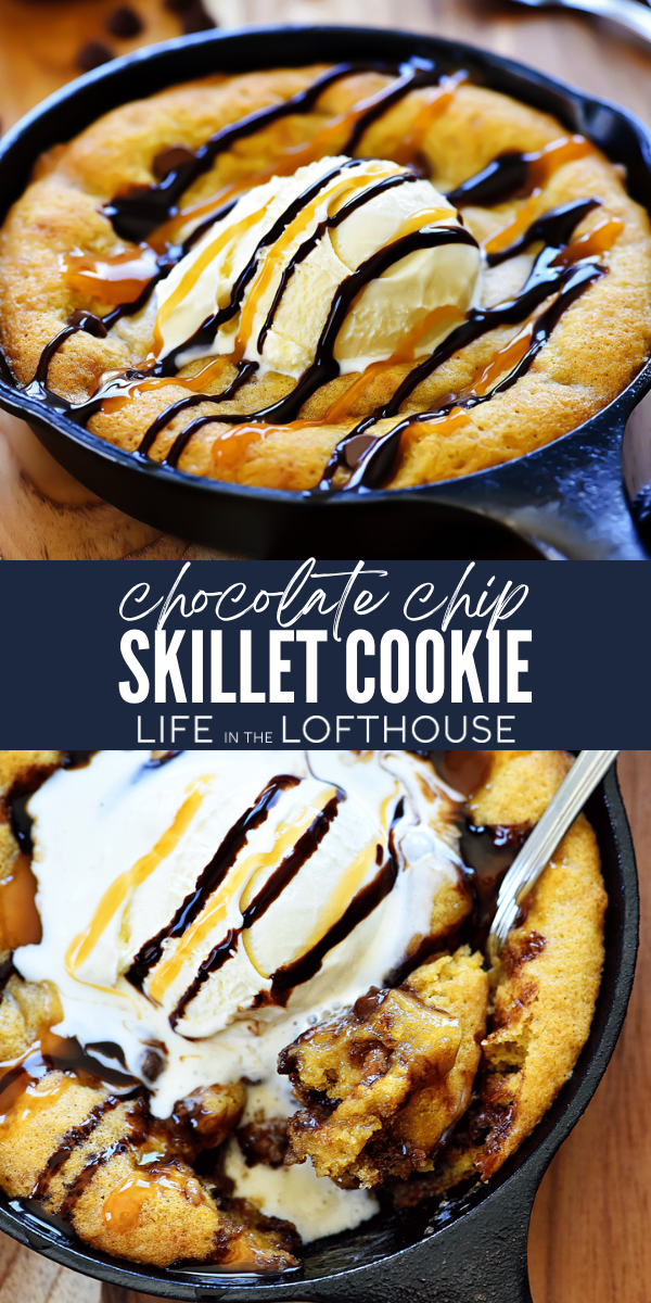 Chocolate Chip Skillet Cookie is a warm, gooey chocolate chip cookie baked in a mini skillet. Serve it with vanilla ice cream on top for one incredible treat!