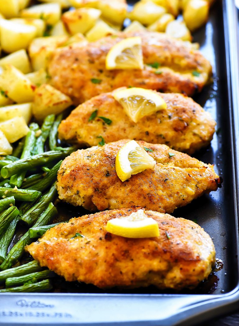 Crispy Chicken and veggies with lemon and garlic flavor all cooked on one pan. Life-in-the-Lofthouse.com