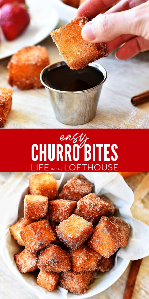 A few simple ingredients turn Angel food cake into these wonderful Churro Bites. Dunk them in chocolate for an amazing treat!