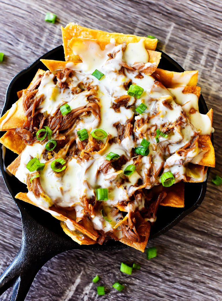 Shredded Sweet Pork over corn tortilla chips covered in Queso cheese. Life-in-the-Lofthouse.com